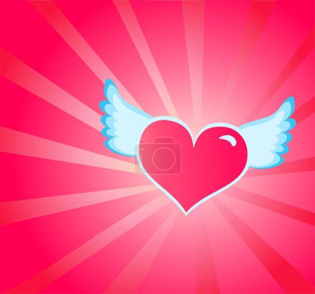 Ilustración de Corazón volador sobre fondo rosado o rojo con estallido de sol. Banner de promoción para el amor y el concepto de San Valentín para volantes, invitación a la fiesta, cupón de vacaciones - Imagen libre de derechos