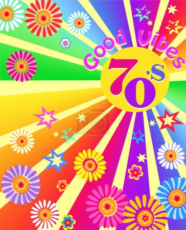 Ilustración de Banner vertical de arte de estilo de los años 70 con estallido de sol multicolor, buen lema de vibraciones y flores coloridas en estilo hippie para fiesta disco - Imagen libre de derechos