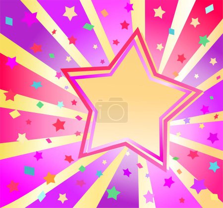 Ilustración de Cartel brillante fiesta disco estilo 70 u 80 con rojo, rosa, violeta, explosión de sol lila, confeti y signo de premio estrella de oro - Imagen libre de derechos