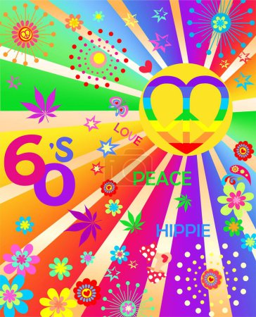 Illustration for 1960s Hippy Style Art Poster with multicolored sunburst, sun, peace sign, purple and green marijuana leaves, colorful flower-power, fly agaric, red poppies and love, peace, hippie word - Royalty Free Image