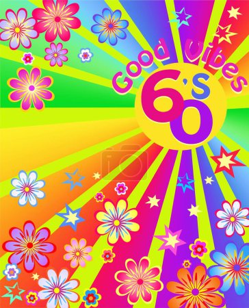 Ilustración de Banner vertical de arte de estilo hippie de los años 60 con estallido de sol multicolor, buen lema de vibraciones y coloridos poderes florales y estrellas para la fiesta disco de cassette - Imagen libre de derechos