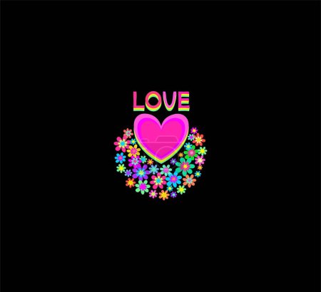 Ilustración de Moda niña camiseta de impresión con forma de corazón, palabra de amor y flores de colores sobre fondo oscuro - Imagen libre de derechos