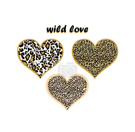 Téléchargez les illustrations : Impression léopard jaune, sable et peau dorée en variation de forme de coeur et lettrage amour sauvage pour sweat à capuche, sac, t-shirt design textile de mode - en licence libre de droit