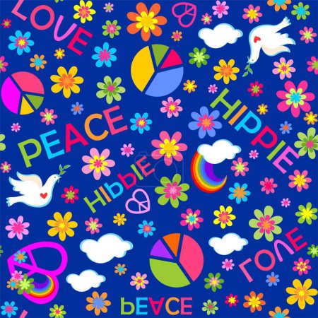 Illustration for Ultramarine color seamless fashion print with hippie peace symbols, colorful flower-power, dove of peace and love, peace, hippie words - Royalty Free Image
