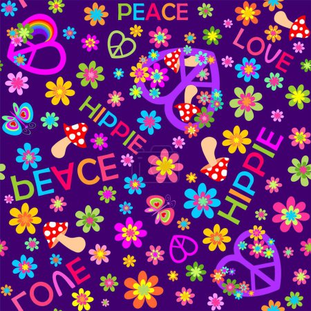 Illustration for Violet seamless fashion wallpaper with colorful flower-power, hippie peace sign in heart shape, butterflies, fly agaric and love, peace, hippie words - Royalty Free Image