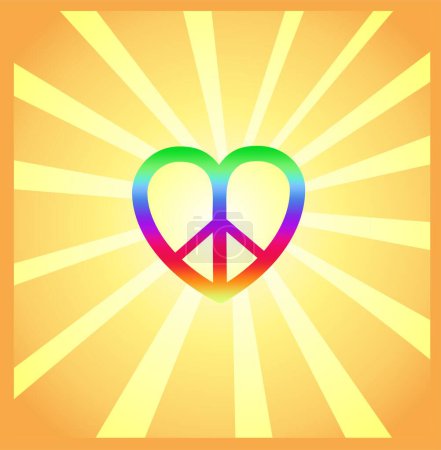 Téléchargez les illustrations : Affiche d'art hippie dans les années 1960 ou 1970 avec éclat de soleil jaune et signe de paix multicolore en forme de cœur - en licence libre de droit