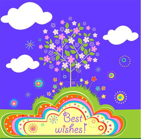 Illustration for Childish greeting card with abstract decorative flowered cherry-tree or apple tree. Funny applique on blue background - Royalty Free Image