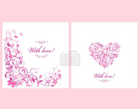 Illustration for Greeting card template for mothers day, birthday congratulations, wedding invitations, beauty salon signboard with floral abstract pink pattern, flowers bouquet in heart shape - Royalty Free Image
