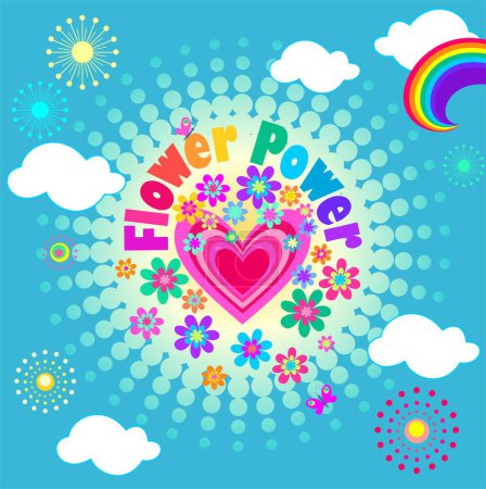 Poster im 70er oder 60er Jahre Stil mit Hippie Flower Power bunten Slogan, Blumen, Regenbogen und rosa Herzform Print auf der Sonne für Mädchen Tee, T-Shirt Design, Sommerparty auf mintfarbenem Hintergrund