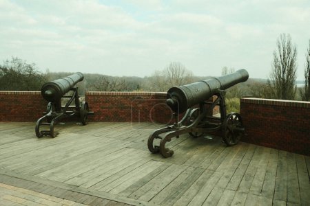 Téléchargez les photos : De vieux canons de fer dans le parc. Anciens canons vintage, mortiers, obusiers exposés dans le parc - en image libre de droit