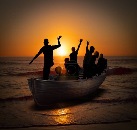 Boot mit Migranten auf der Flucht vor dem Krieg. 3D-Rendering
