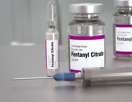 Fentanyl-Flasche. Fentanyl ist ein Opioid, das als Schmerzmittel und zur Narkose eingesetzt wird. Es wird auch als Freizeitdroge verwendet, gemischt mit Heroin oder Kokain.