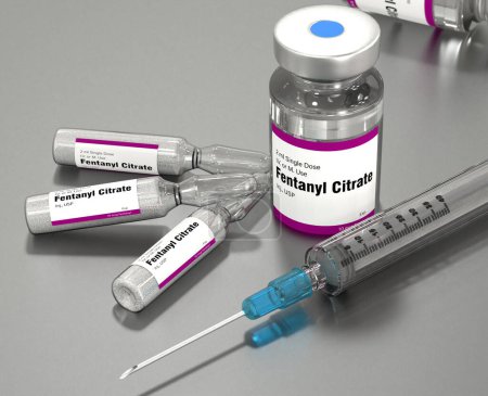 Botella de fentanilo. El fentanilo es un opioide utilizado como analgésico y para la anestesia. También se utiliza como una droga recreativa mezclada con heroína o cocaína. Renderizado 3D