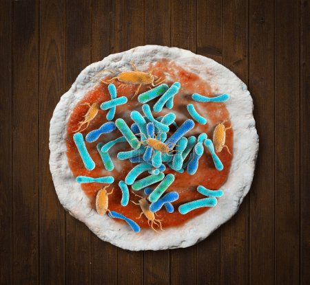 Concept d'aliment contaminé et symbole d'empoisonnement des repas contaminé entraînant une maladie due à des bactéries toxiques dangereuses. rendu 3D