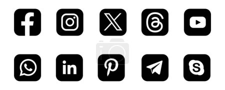 Social-Media-Ikone 2024. X, Threads, Facebook, Instagram, YouTube, LinkedIn, Pinterest, WhatsApp, Telegram. Vektorillustration
