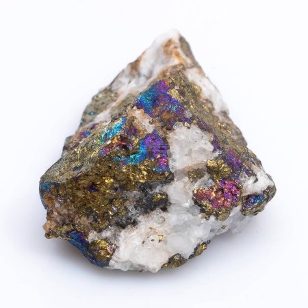 Natural stone chalcopyrite on a white background. Mineral of golden color