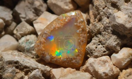Photo for Natural gem black rainbow opal on brown background - Royalty Free Image