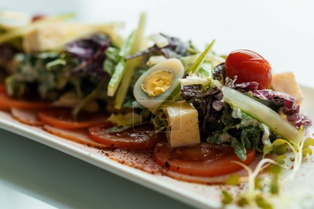 Salat mit Kräutern, Hartkäse, Oliven, Kirschtomaten, Zwiebeln, Gurken und Salat