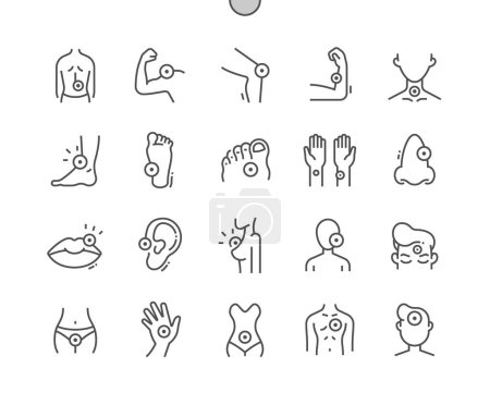 Illustration for Body ache. Health care, medical and medicine. Wrist ache, earache ache, breast ache, abdominal. Pixel Perfect Vector Thin Line Icons. Simple Minimal Pictogram - Royalty Free Image