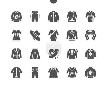 Spring clothes. Sweater, jeans, shirt, coat, cloak, dress, hat. Seasonal clothing. Vector Solid Icons. Simple Pictogram