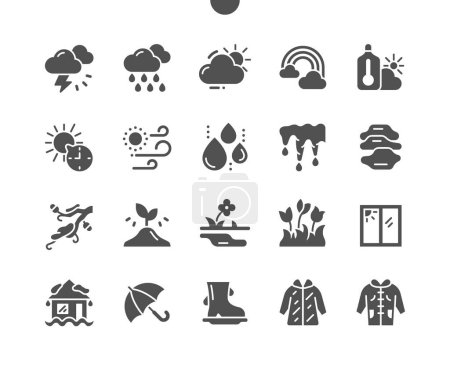 Illustration for Spring weather. First spring flowers. Cloudy, storm, rain. Raincoat. Vector Solid Icons. Simple Pictogram - Royalty Free Image