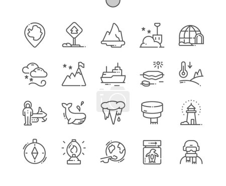 Illustration for Antarctica. Igloo, mountain, lighthouse, penguin, whale, iceberg. Antarctica map. Pixel Perfect Vector Thin Line Icons. Simple Minimal Pictogram - Royalty Free Image