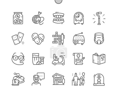 Illustration for Old age. Nursing home. Older people. Last will. Crossword, domino, knitting and other. Pixel Perfect Vector Thin Line Icons. Simple Minimal Pictogram - Royalty Free Image