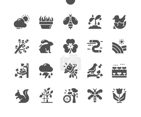 Illustration for Spring nature. Trees are blooming. Grass grows. Spring rains. Butterfly and flower. Vector Solid Icons. Simple Pictogram - Royalty Free Image