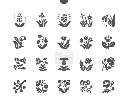 Ilustración de Flores de primavera. Caída de nieve, petunia, tulipán, iris y otros. Flora y naturaleza. Vector Solid Icons. Pictograma simple - Imagen libre de derechos
