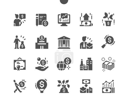 Illustration for Investments. Bank, business, finance and money. Dollar bill. Contract, certificate and statistics. Vector Solid Icons. Simple Pictogram - Royalty Free Image