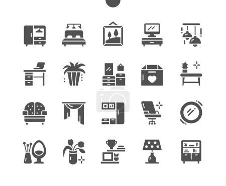 Illustration for Furniture. Wardrobe, bed, lamp, decor and curtains. Home interior. Modern furniture. Table with cactus. Vector Solid Icons. Simple Pictogram - Royalty Free Image