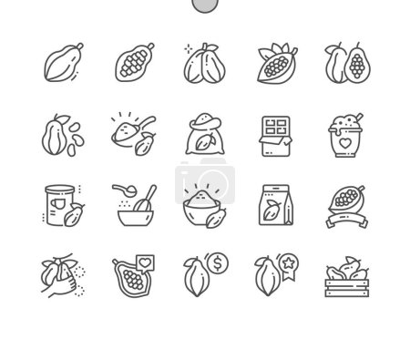Téléchargez les illustrations : Cocoa beans. Chocolate. Cooking, recipes and price. Whole and half cocoa. Food shop, supermarket. Menu for cafe. Pixel Perfect Vector Thin Line Icons. Simple Minimal Pictogram - en licence libre de droit