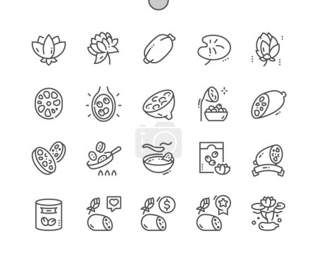 Téléchargez les illustrations : Lotus eating. Lotus root vegetable and slice. Cooking, recipes and price. Menu for cafe. Lotus root chips. Pixel Perfect Vector Thin Line Icons. Simple Minimal Pictogram - en licence libre de droit