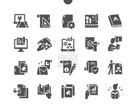 Illustration for Technical documentation. Industrial, information, mechanical, paperwork and document. Technical file. Worker. Vector Solid Icons. Simple Pictogram - Royalty Free Image