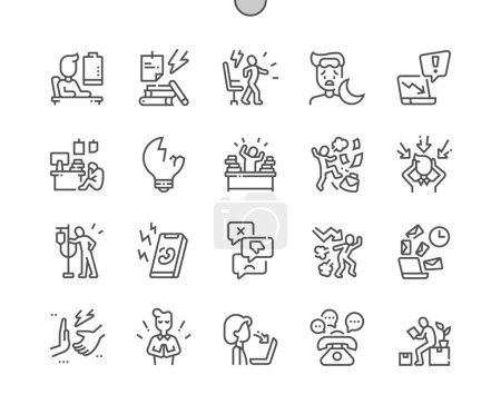 Illustration for Working stress. Psychological disorder of businessman. Burnout, destroy, medical help, urgent call. Pixel Perfect Vector Thin Line Icons. Simple Minimal Pictogram - Royalty Free Image