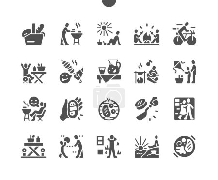 Illustration for Spring picnic. Outdoor recreation. Family activities. Bonfire, bicycle, lemonade, drink, guitar, kite. Vector Solid Icons. Simple Pictogram - Royalty Free Image