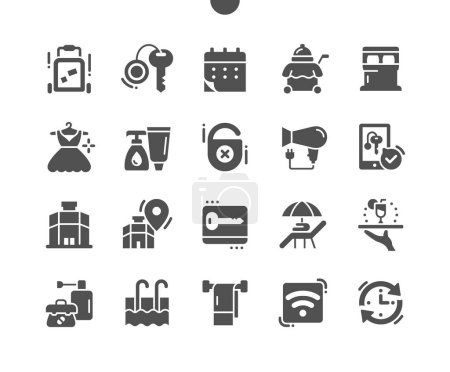 Téléchargez les illustrations : Hotel services. Ordering food, length of stay, room key. Hotel location. Swimming pool. Do not disturb. Booking and reservation. Vector Solid Icons. Simple Pictogram - en licence libre de droit