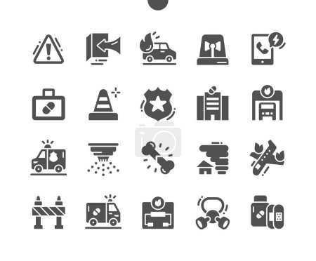 Illustration for Emergencies. Medicine chest. Danger sign. Ambulance car. Fire department. Vector Solid Icons. Simple Pictogram - Royalty Free Image