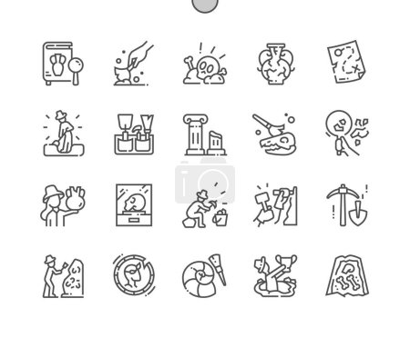 Illustration for Archeology. Broken amphora, column, dinosaur skull. Museum. Pixel Perfect Vector Thin Line Icons. Simple Minimal Pictogram - Royalty Free Image