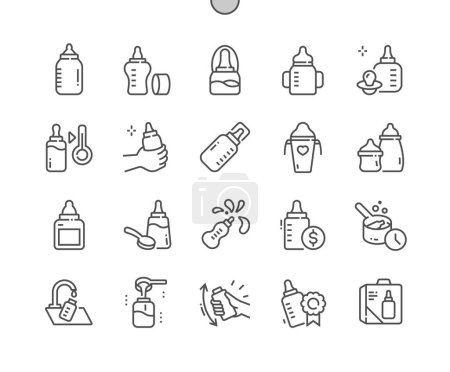 Illustration for Baby milk bottle. Food for newborn baby. Add powder, cooking kids meal. Pixel Perfect Vector Thin Line Icons. Simple Minimal Pictogram - Royalty Free Image