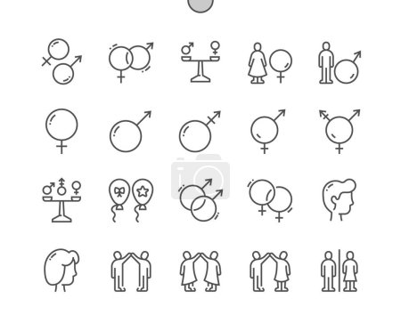 Téléchargez les illustrations : Genre et identité sexuelle. Homme, femme, androgyne, transgenre. Aux toilettes. Égalité des sexes. Pixel Perfect Vector Thin Line Icônes. Pictogramme minimal simple - en licence libre de droit