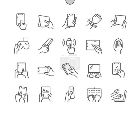 Illustration for Using technology. Hands holding smart devices. Smartphone, tablet, smart watch, console, graphic tablet, laptop. Pixel Perfect Vector Thin Line Icons. Simple Minimal Pictogram - Royalty Free Image
