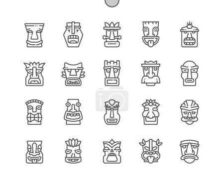 Téléchargez les illustrations : Des idoles Tiki. Visage sculpture en bois. Totem tribal hawaii. Masque traditionnel africain. Pixel Perfect Vector Thin Line Icônes. Pictogramme minimal simple - en licence libre de droit