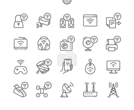 Illustration for Wireless and wifi. Remote internet access. Digital camera. Wireless pay. Pixel Perfect Vector Thin Line Icons. Simple Minimal Pictogram - Royalty Free Image