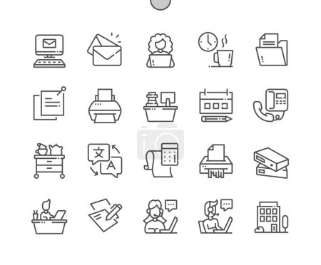 Illustration for Secretary. Call center operator. Office, book, coffee break. Support service. Pixel Perfect Vector Thin Line Icons. Simple Minimal Pictogram - Royalty Free Image