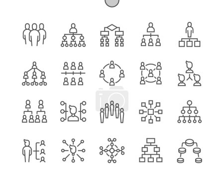 Illustration for Organization chart hierarchy. Businessman manager employee. Structure, teamwork, process. Pixel Perfect Vector Thin Line Icons. Simple Minimal Pictogram - Royalty Free Image