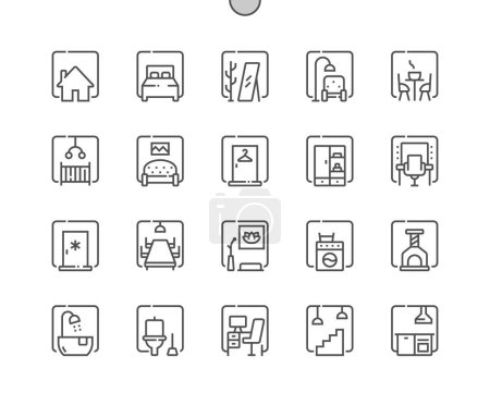 Illustration for Room types. Bedroom, meditation room, work place, dressing room, kitchen, pets room. Home. Pixel Perfect Vector Thin Line Icons. Simple Minimal Pictogram - Royalty Free Image