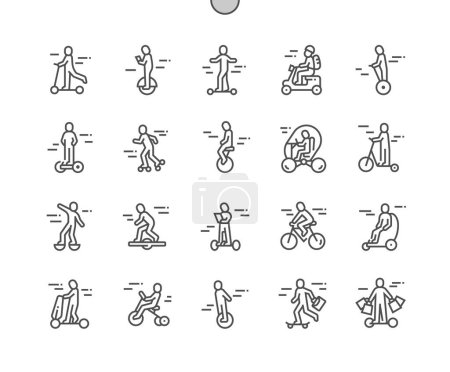 Transporte personal. Gente montando. Scooter de una rueda, rodillos, bicicleta, patines eléctricos. Pixel Perfect Vector Thin Line Iconos. Pictograma mínimo simple