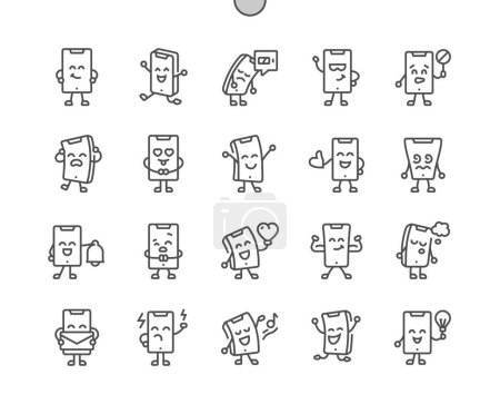 Illustration for Smartphone character. Cute and funny device. Gadget emotions. Pixel Perfect Vector Thin Line Icons. Simple Minimal Pictogram - Royalty Free Image