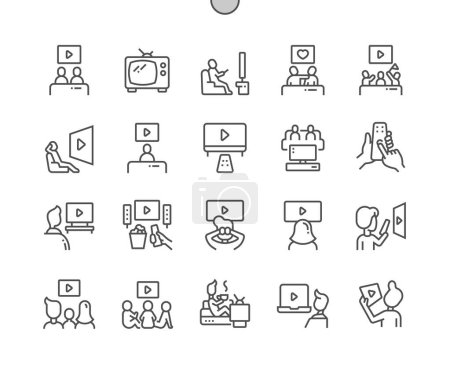 Illustration for Watching tv. Home leisure. TV remote. Living room with furniture. People watching tv. Pixel Perfect Vector Thin Line Icons. Simple Minimal Pictogram - Royalty Free Image